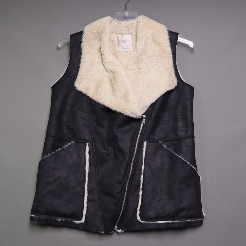 Zara Vest Womens Medium Black Excellent Faux Leather Fur Lined Moto Asymmetric